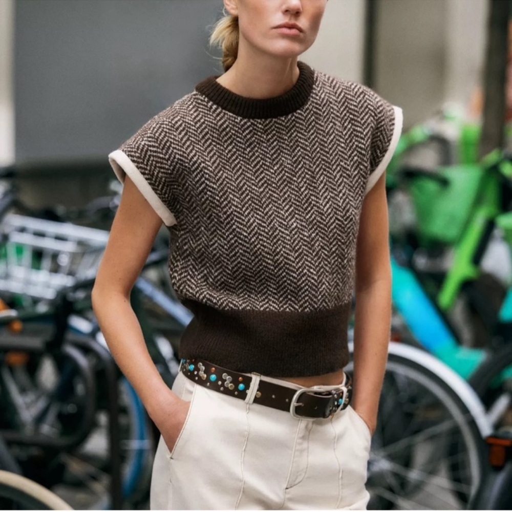 Zara Brown Chevron Knit Sleeveless Sweater with Cream Trim
